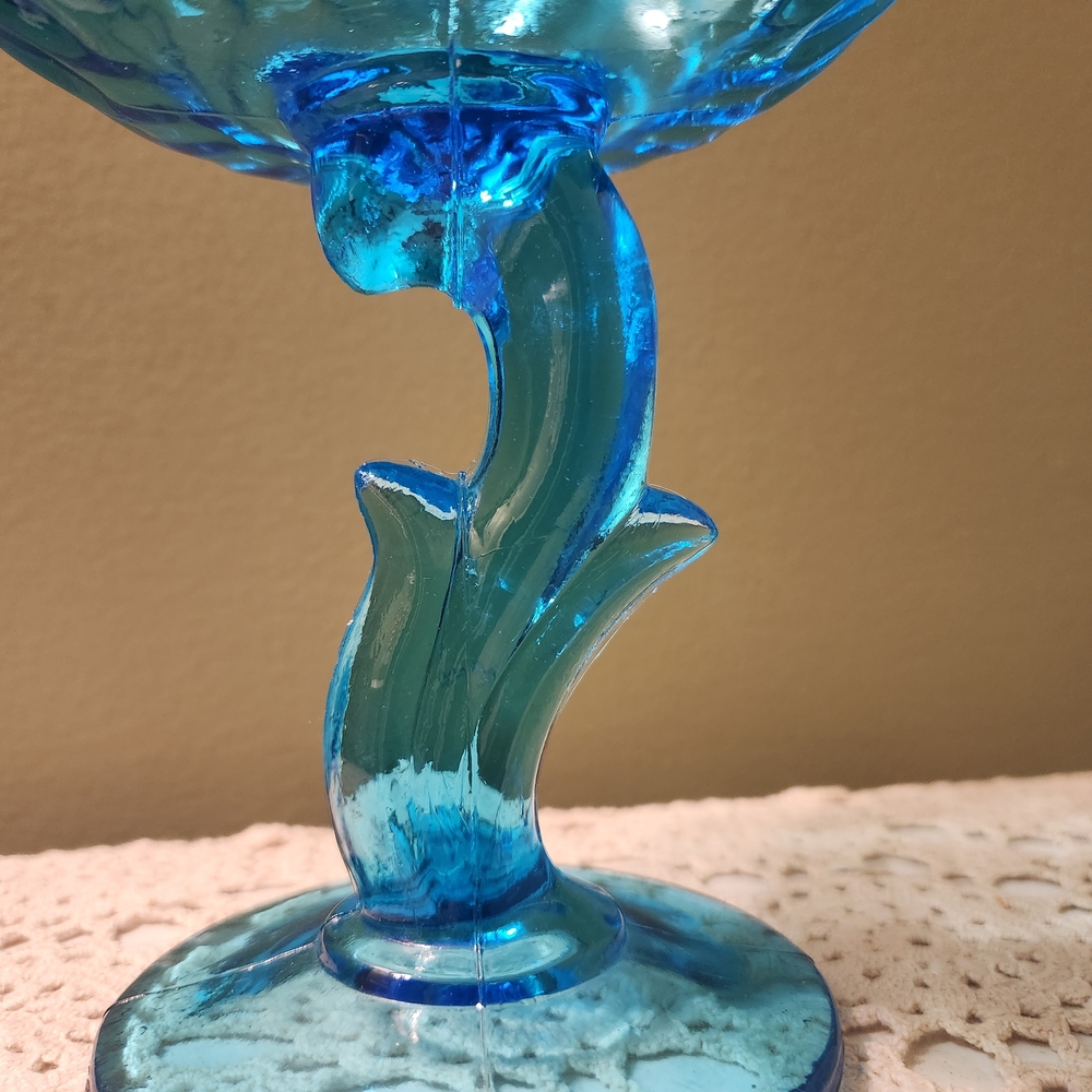 Indiana Glass Aqua Blue Footed Lotus Compote / Candy Dish - Picture 7 of 16